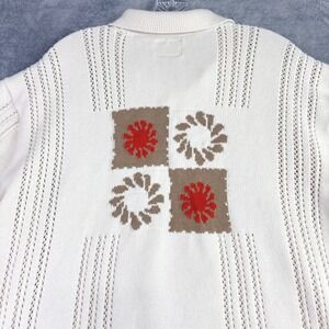 PAC SUN Mens L Cream Knit‎ Sweater Shirt Short Sleeve Crochet Geometric Back Y2K